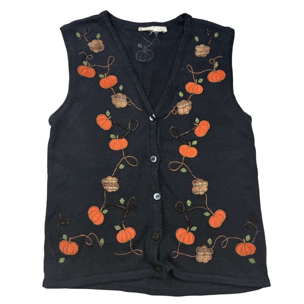 Vintage Pumpkin Embroidered Crochet Beaded Sweater Vest Black Medium Granny Core